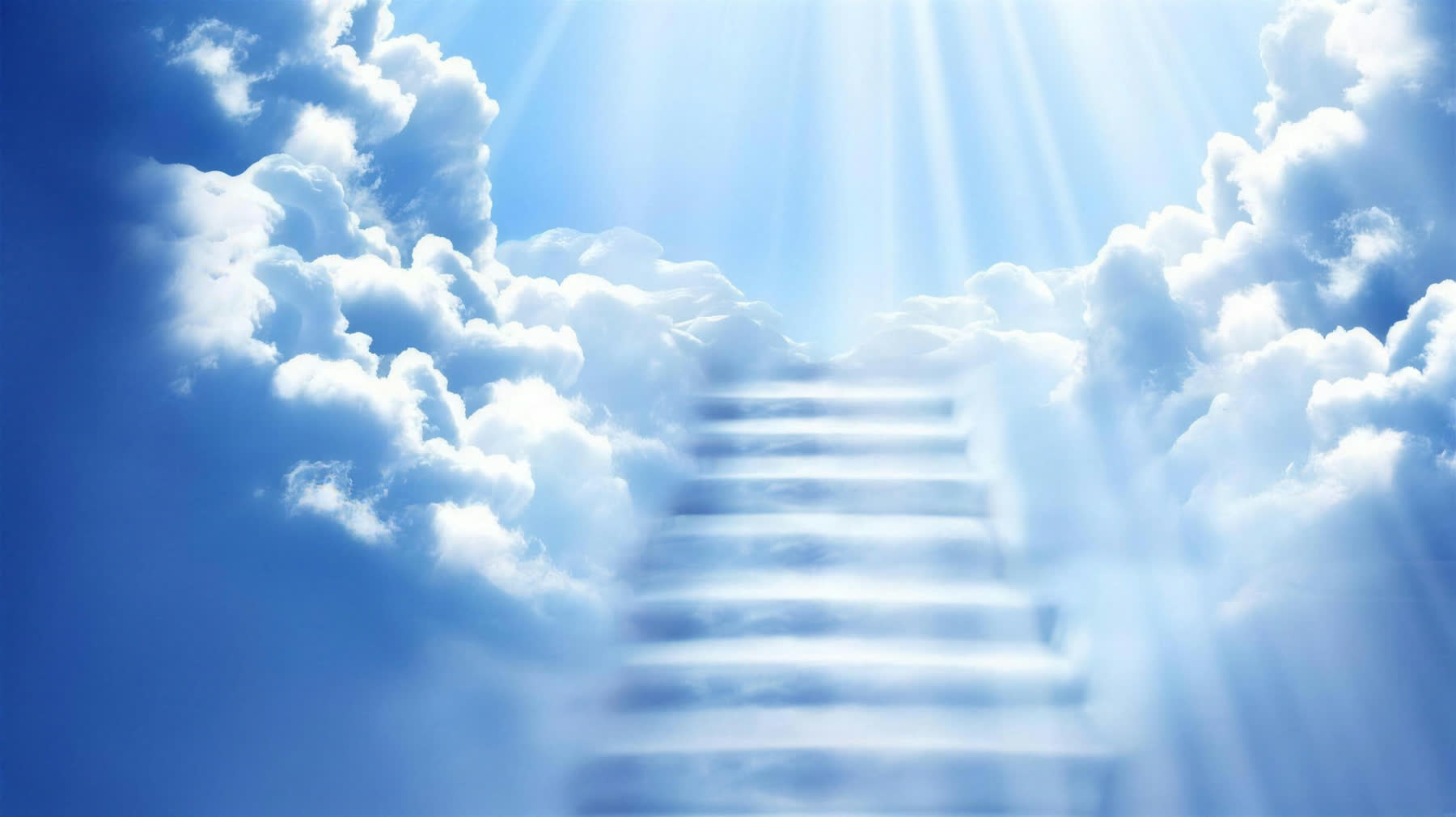 A stairway rising through clouds into the light