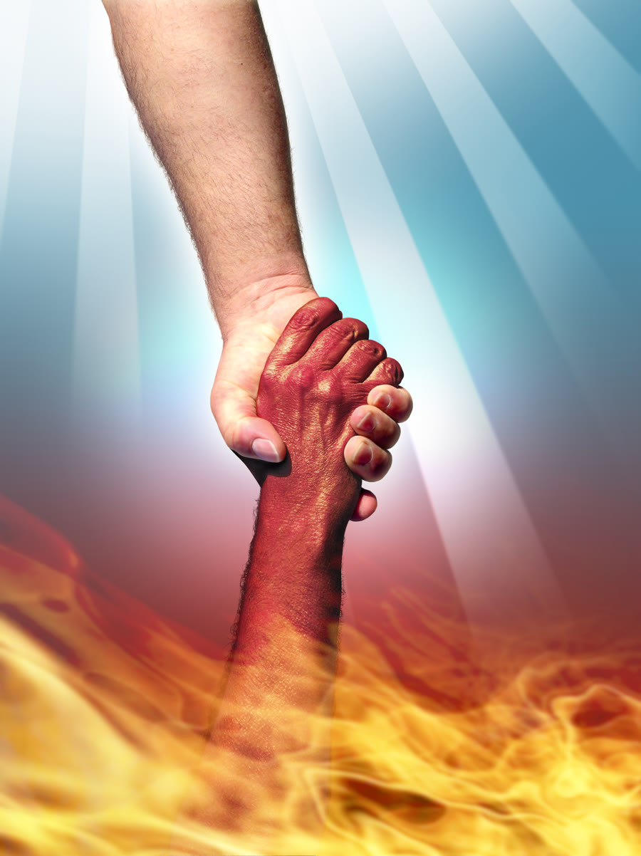 A hand reaching down to pull a man’s hand up out of the fire